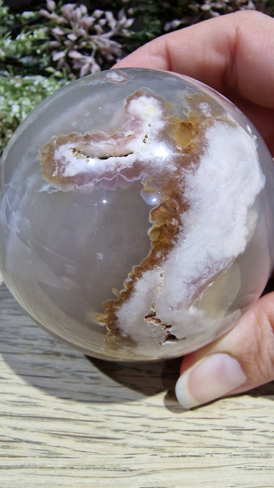 Flower Agate Crystal Sphere 537g 73mm UV Reactive Free Stand