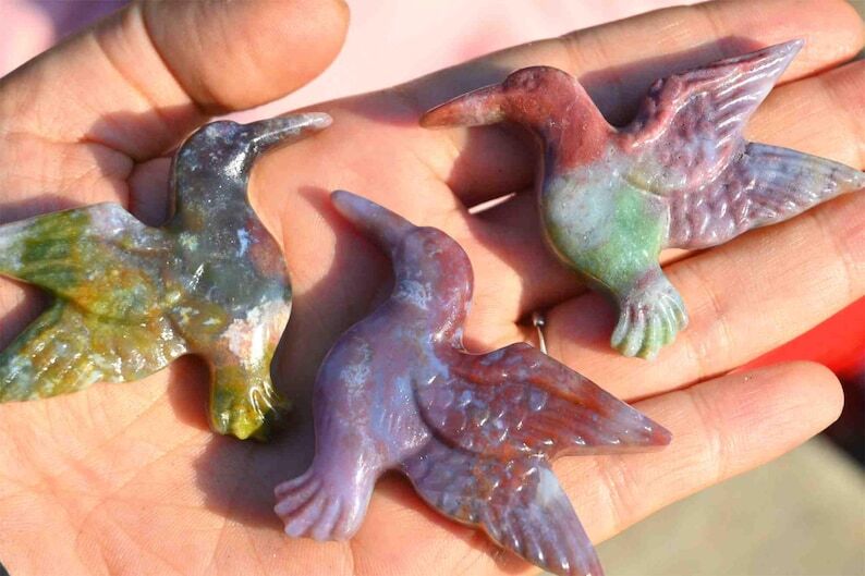 1.6”Natural Ocean jasper Hummingbird Reiki Crystal skull carved Healing gift 1x