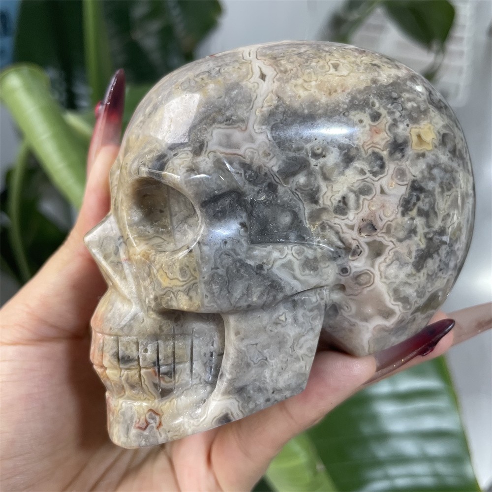1.5LB 3.5″ Natural Crazy Agate Skull Crystal Quartz Carving Reiki Decoration