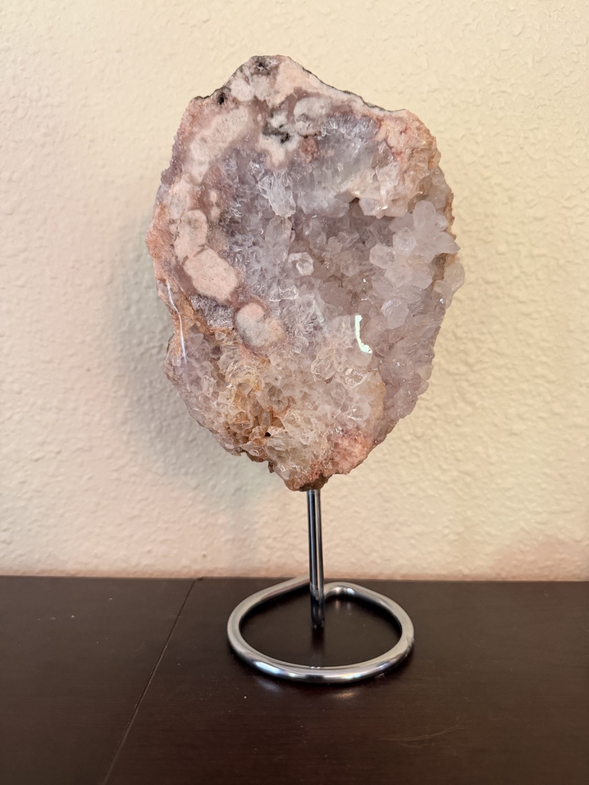 2.2lb Pink Amethyst Druzy Slab on Stand 9.5in Flower Agate Geode