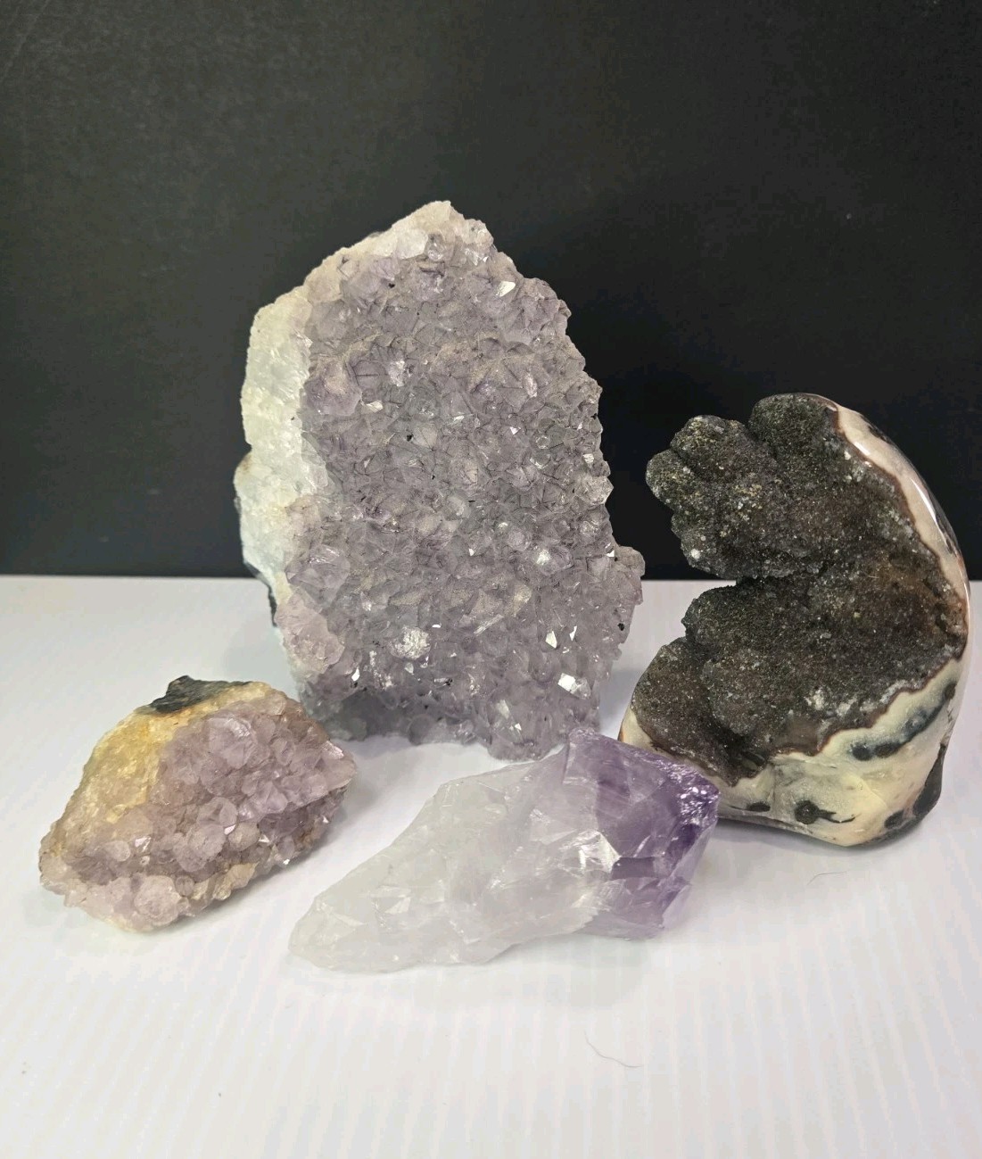 Natural Amethyst Lavendar purple Crystal Geode cluster set lot of 4