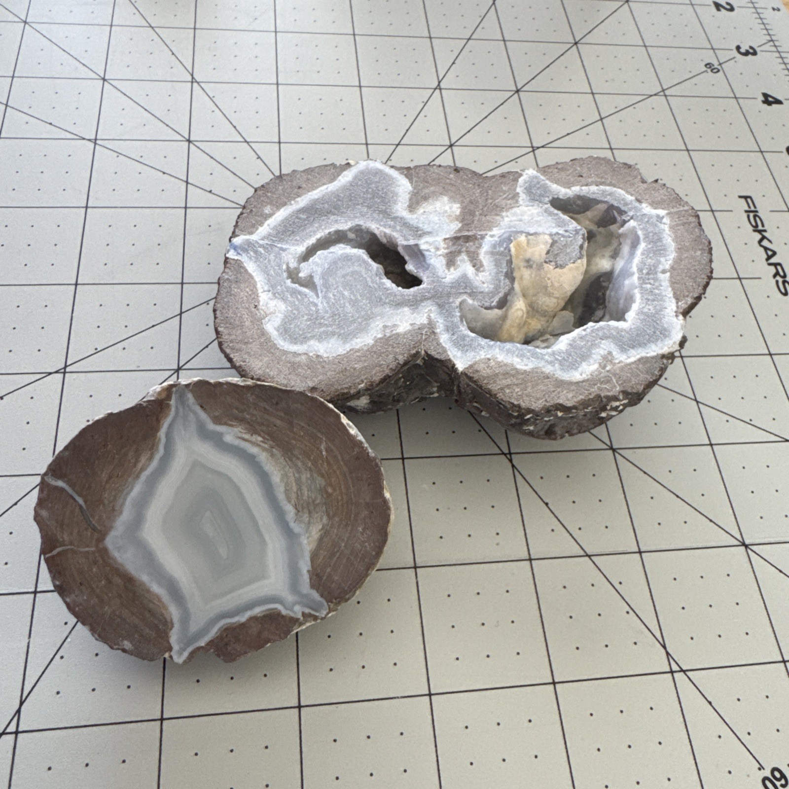 Set of two Cut Agate Geode Natural 2” & 4” Druzy Quartz Cluster Thunderegg Band