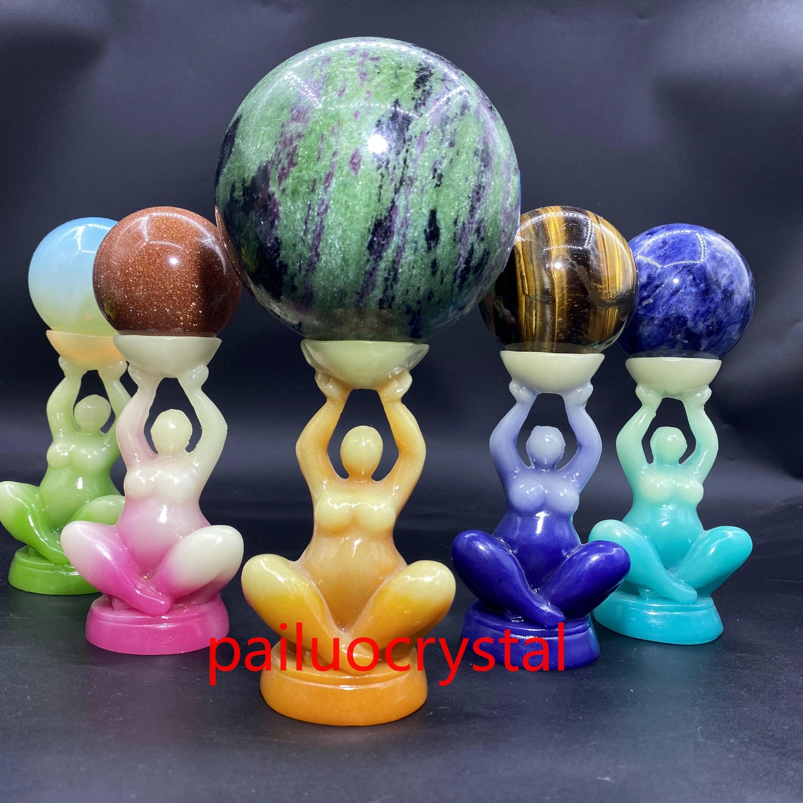 4″ Green Luminous Stone +resin Women Quartz Crystal Skull Goddess Base 1pc