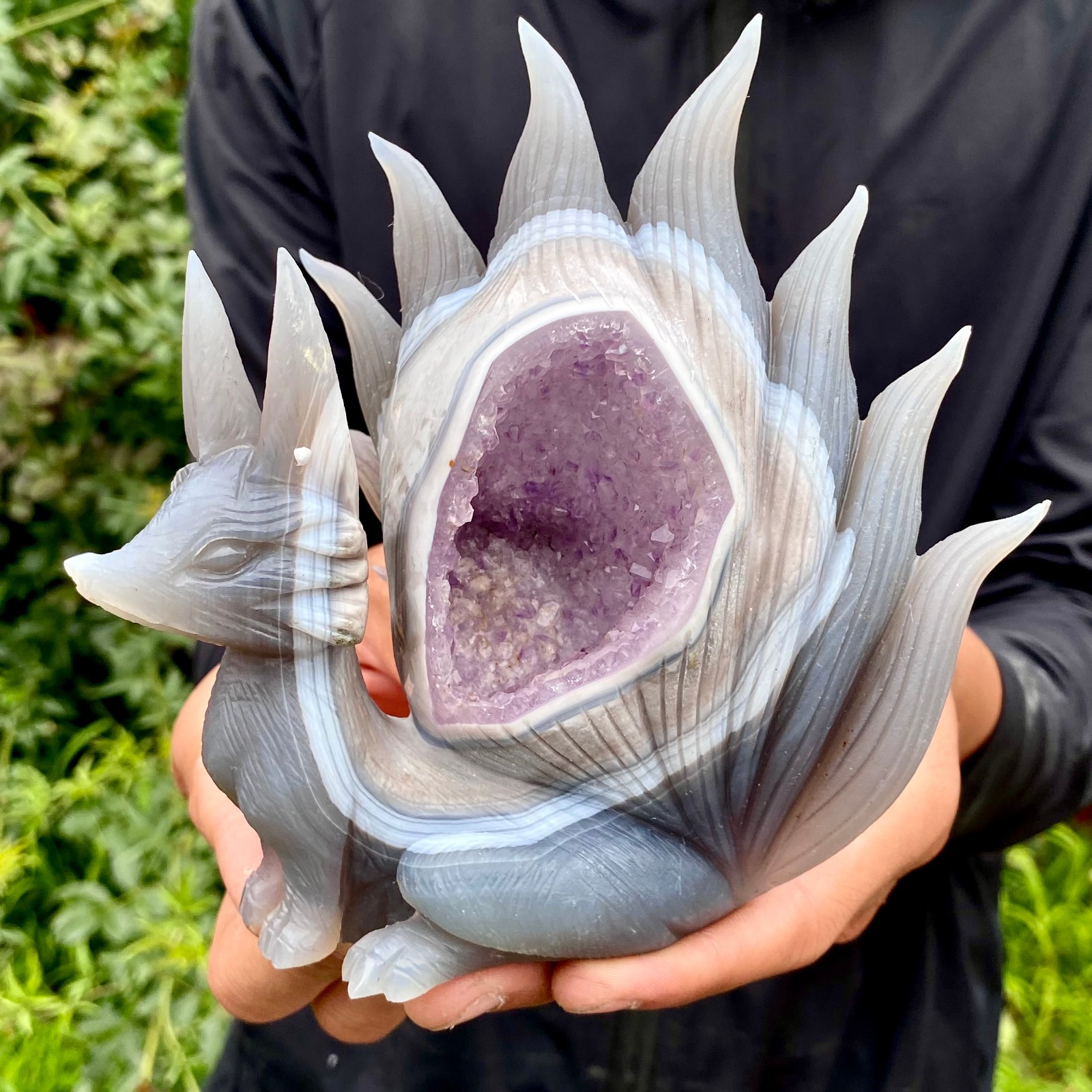 2LB Natural Amethyst Geode Hand Carved Nine-tailed Fox Quartz Crystal Decor