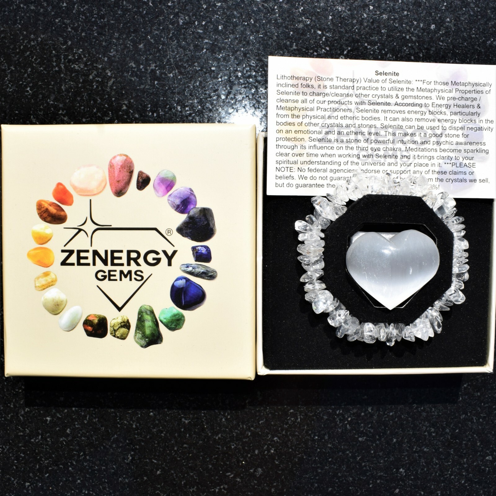 CHARGED Amplifier (Clear) Quartz Crystal Chip Stretchy Bracelet + Selenit Heart