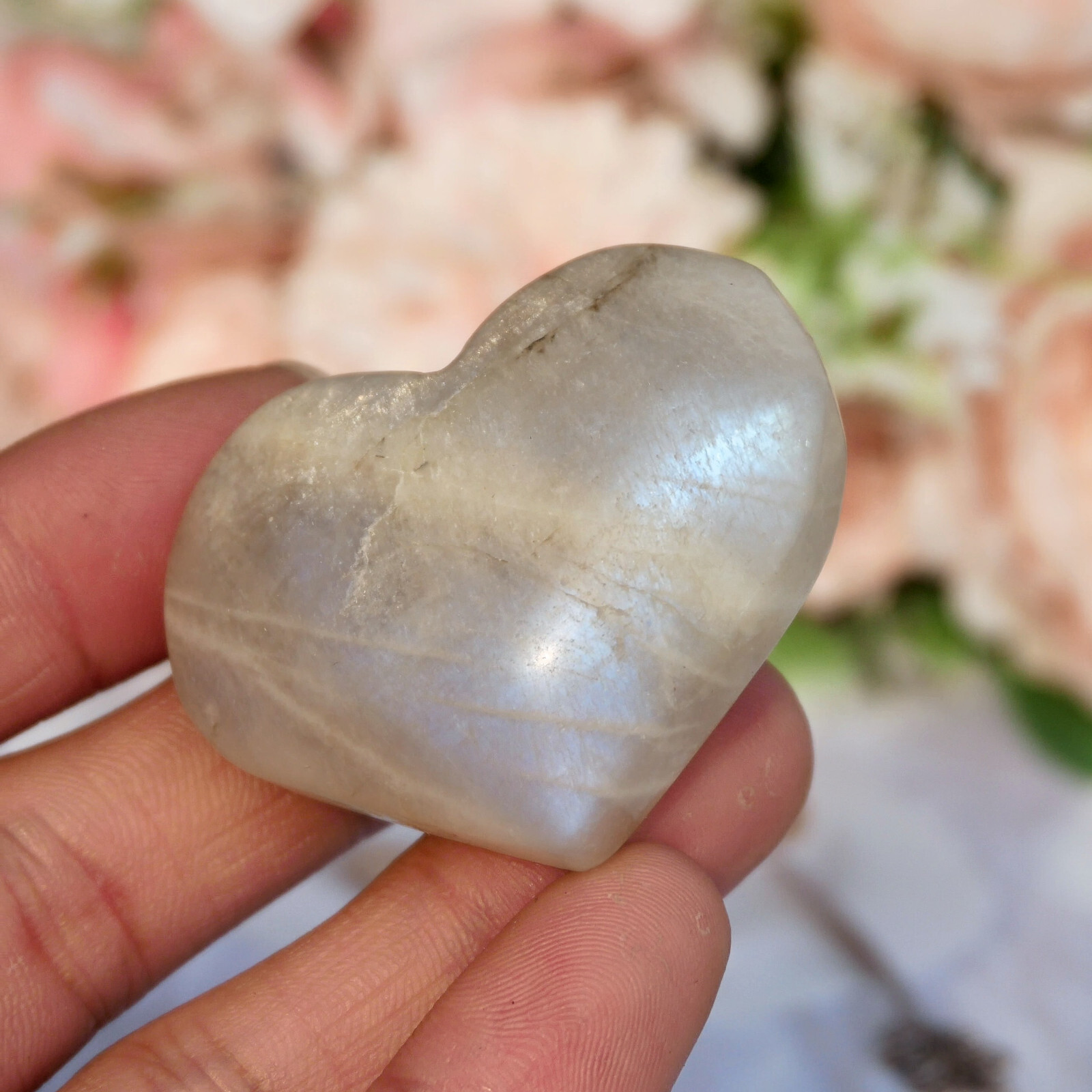 2″ TOP Natural Flash Moonstone Heart Crystal Healing Palmstone Mother’s Day Gift