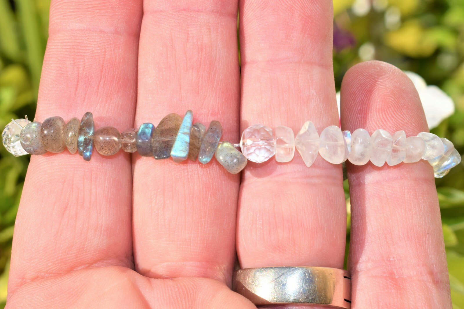 CHARGED Moonstone Labradorite Crystal Stretchy Bracelet w / Quartz REIKI Energy!