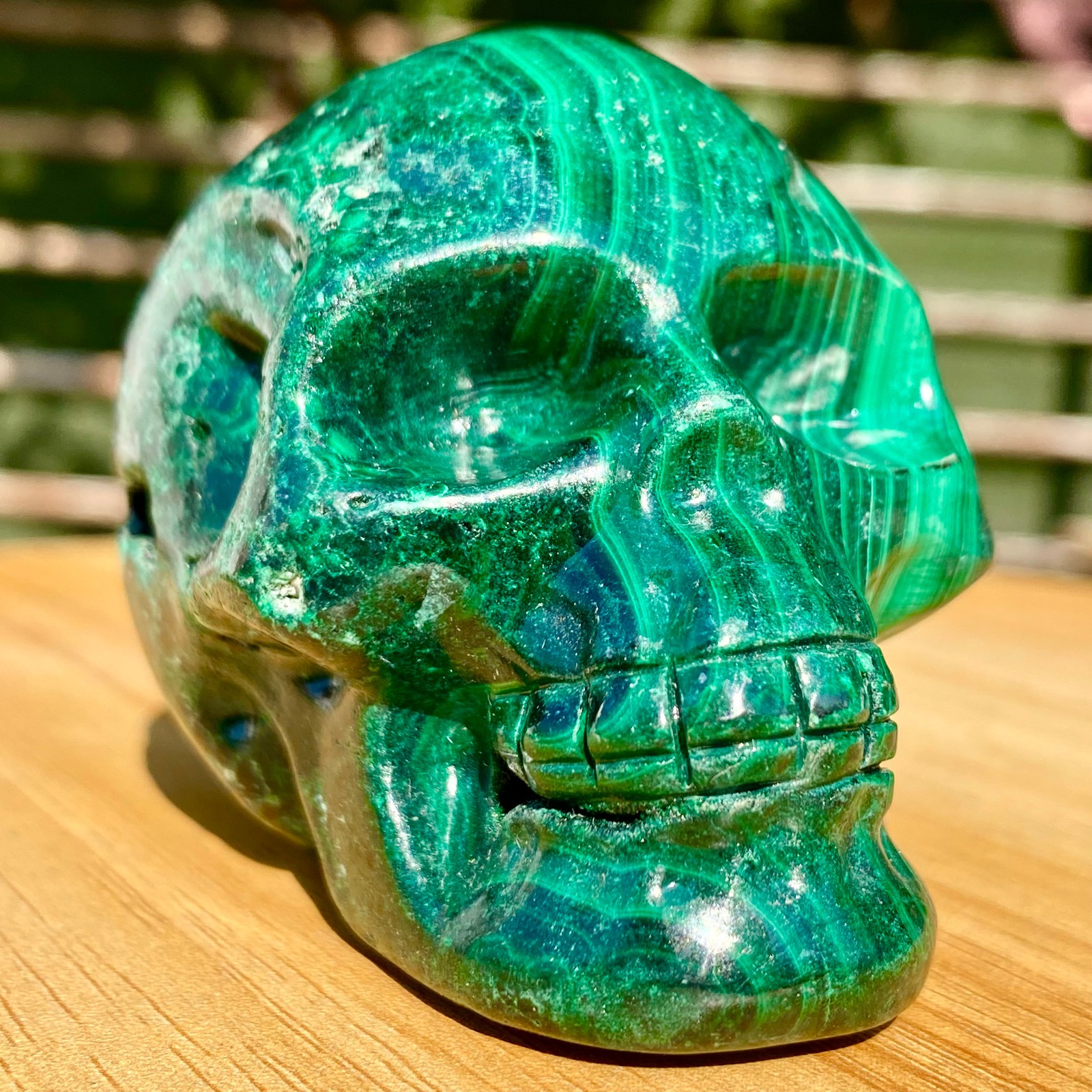 391G Malachite Crystal Skull, Hand Carved Gemstone Fine Art Sculpture