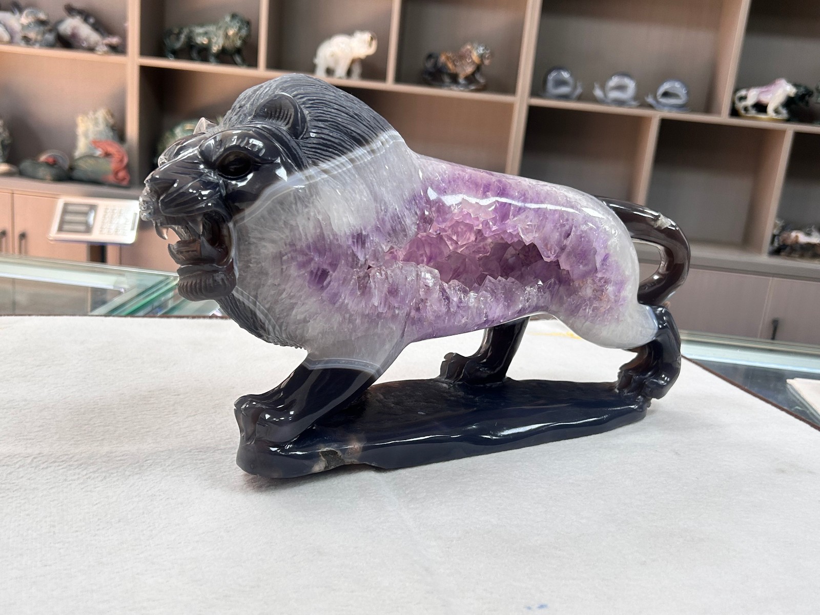 13LB Natural Amethyst Agate Lion Statue Handmade Crystal Animal Craft Home Decor