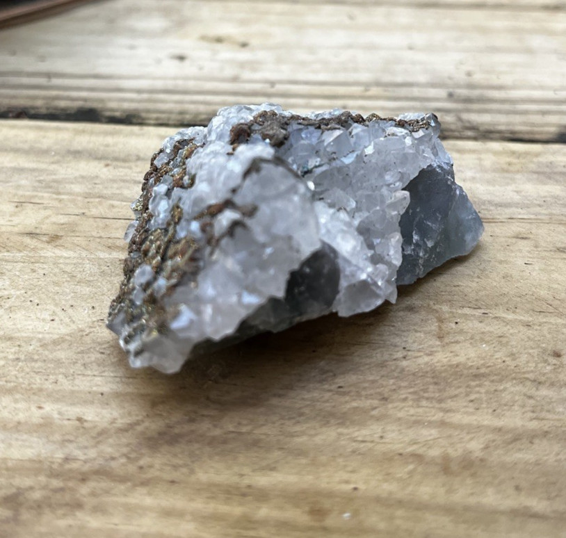Mixed Calcite & Chalcopyrite on Green Fluorite Druzy Mineral Specimen 3.5 oz