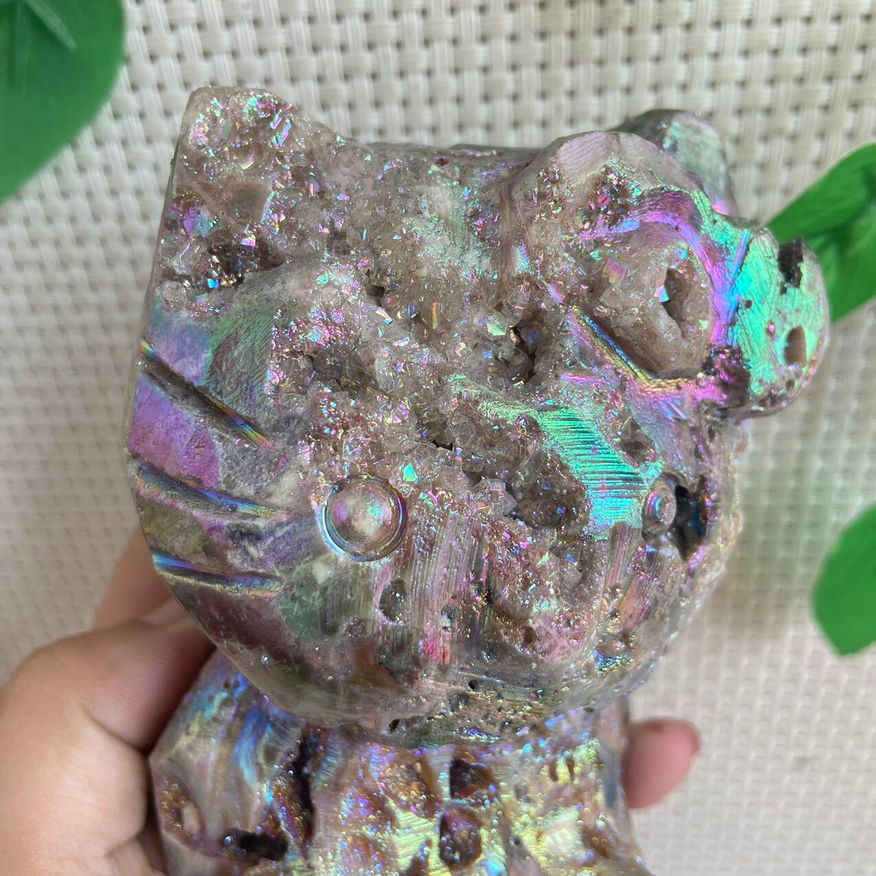 470g Druzy Sphalerite Hello Kitty Cat Carving Titanium Angel Aura Quartz Crystal