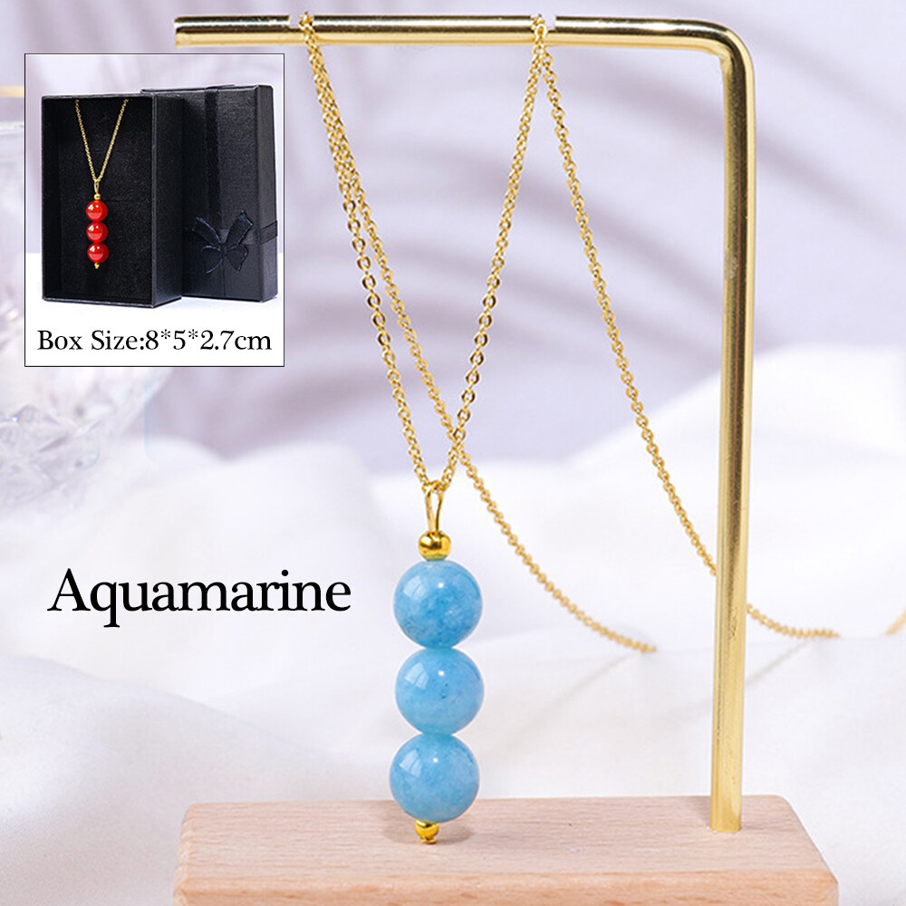 3 Round Beads Natural Crystal Necklace Stone Quartz Pendant Chain Gift Box Reiki
