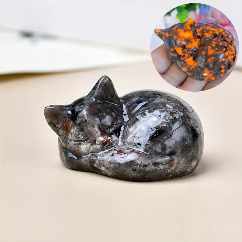 Natural Yooperlite Cat Handmade Carved Statue Flame Stone UV Reactive Ornament
