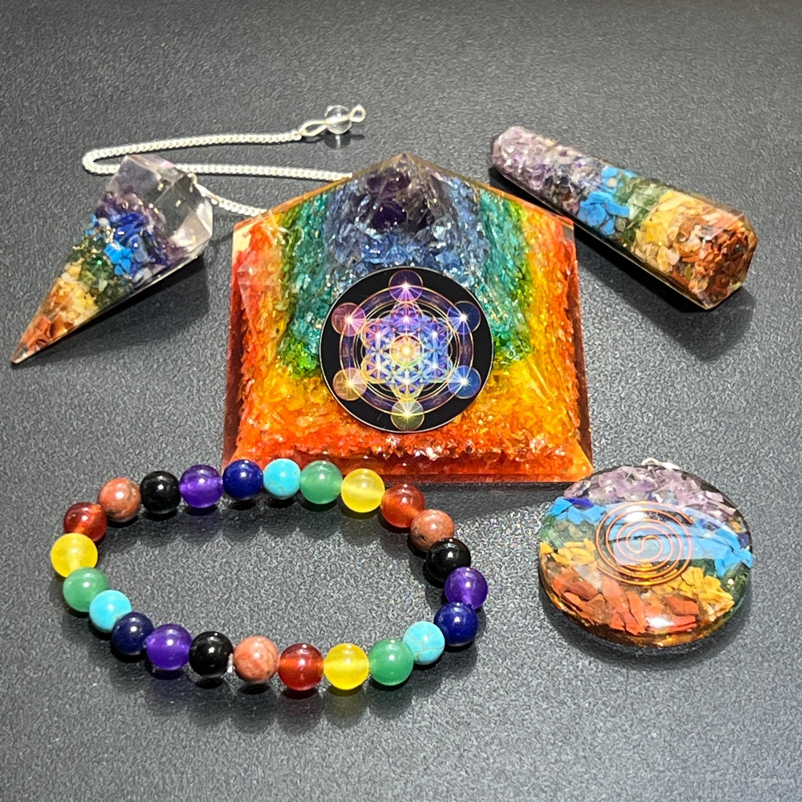 Orgone Pyramid Gift Set (5 Pieces) Rainbow 7 Stone Crystal Resin Reiki Chakra