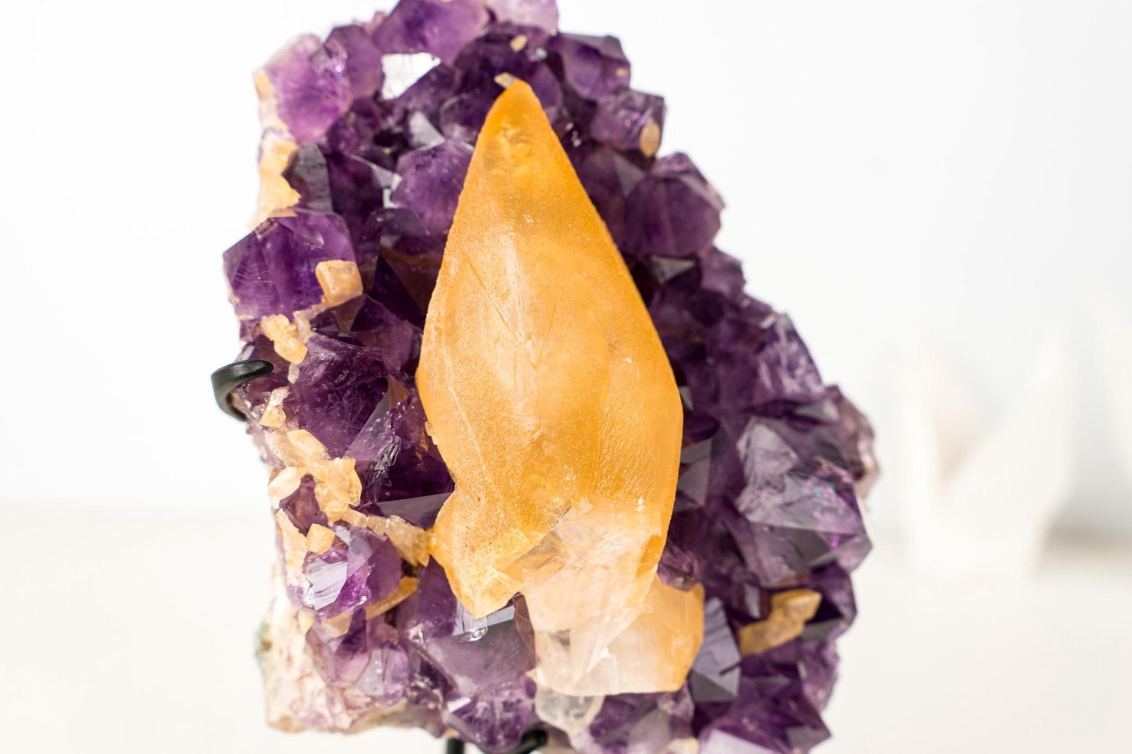 Rare Golden Yellow Calcite Specimen on Deep Purple Amethyst Cluster