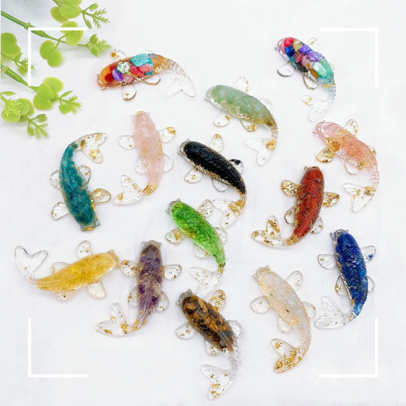 Natural Quartz Crystal Chip Stone Koi Carved Drop Glue Lucky Fish Resin Ornament