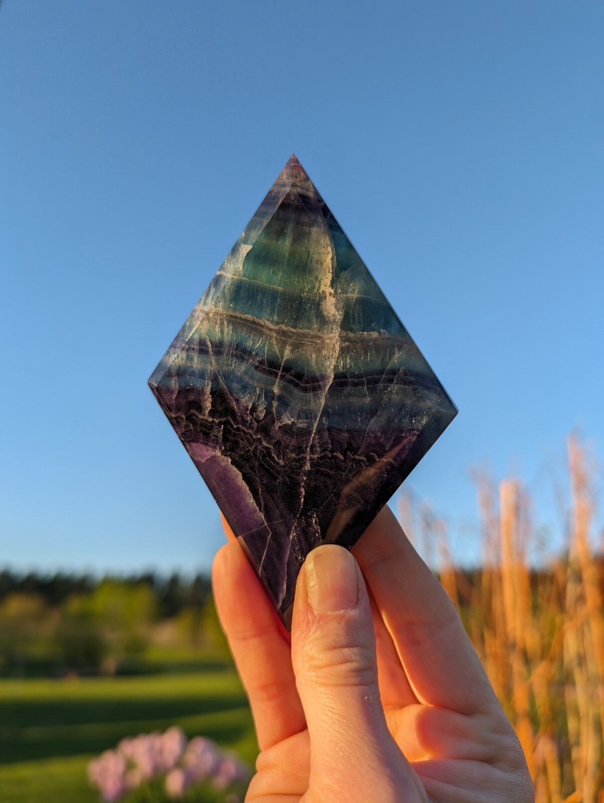 Rainbow Fluorite Carving Diamond Rhombus Crystal Gemstone Nice Mineral Reiki