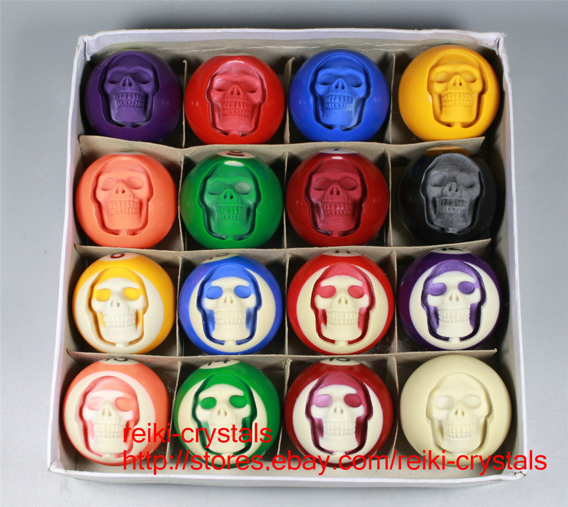 Hand Carved Head Human Skull in Billiard Pool Ball 1 Set of 16/ Stands 52mm