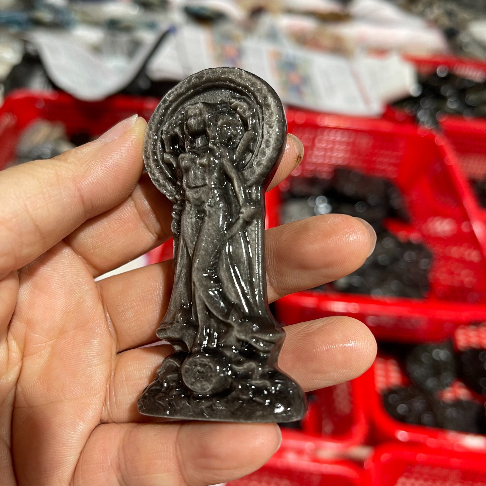 Silver Sheen Obsidian Hecate Goddess Statue,Hand-Carved Greek Moon Goddess 1pc