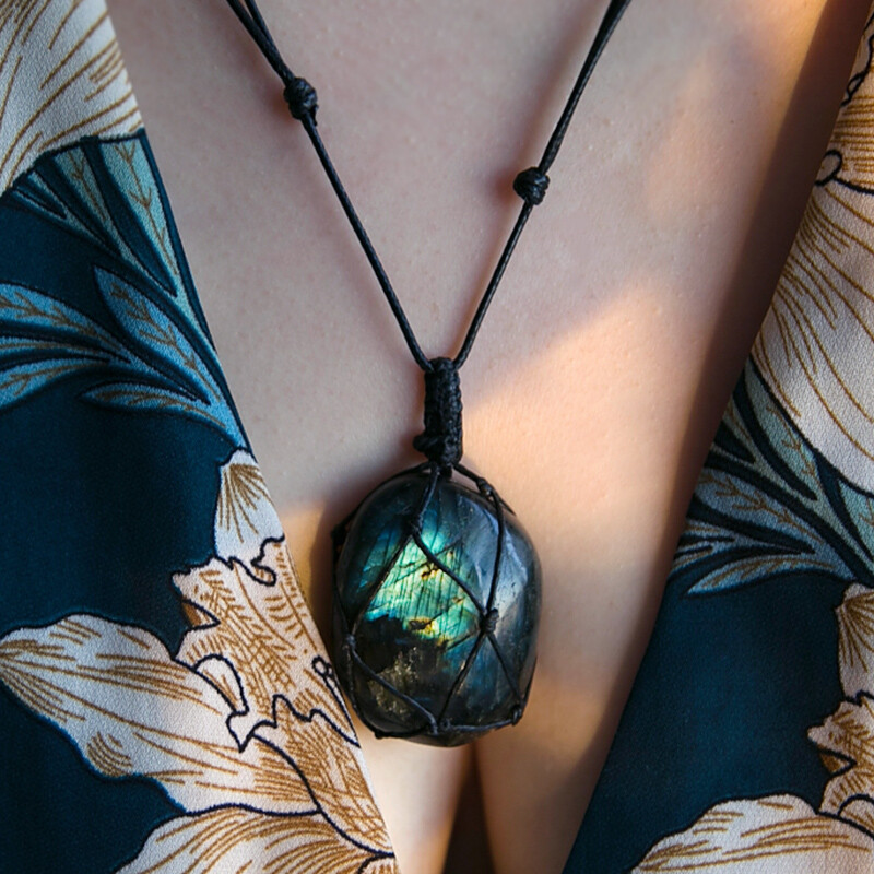 Wrap Women Mens Natural Stone Necklace Labradorite Pendant Crystal Moonstone US