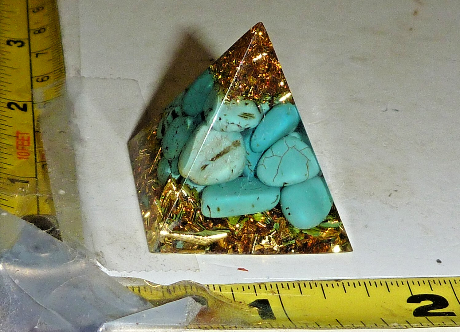 Small Clear Resin Turquoise & Gold-color Metal PYRAMID ~ 1¼ High x 1⅛” Wide