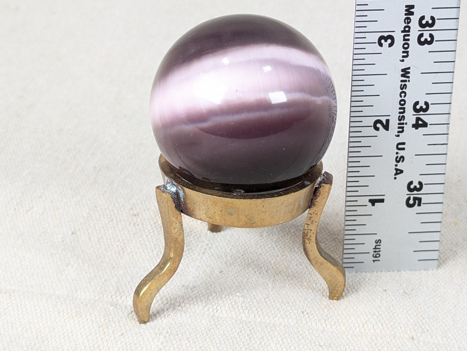 Vintage Purple Obsidian Glass Sphere on Three-Legged Brass Tripod Stand Decor