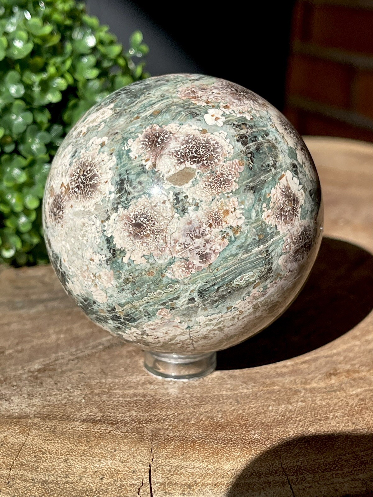 Natural Flower Jasper Sphere , Rhyolite Polished Orb , Green Russian Jasper 61mm