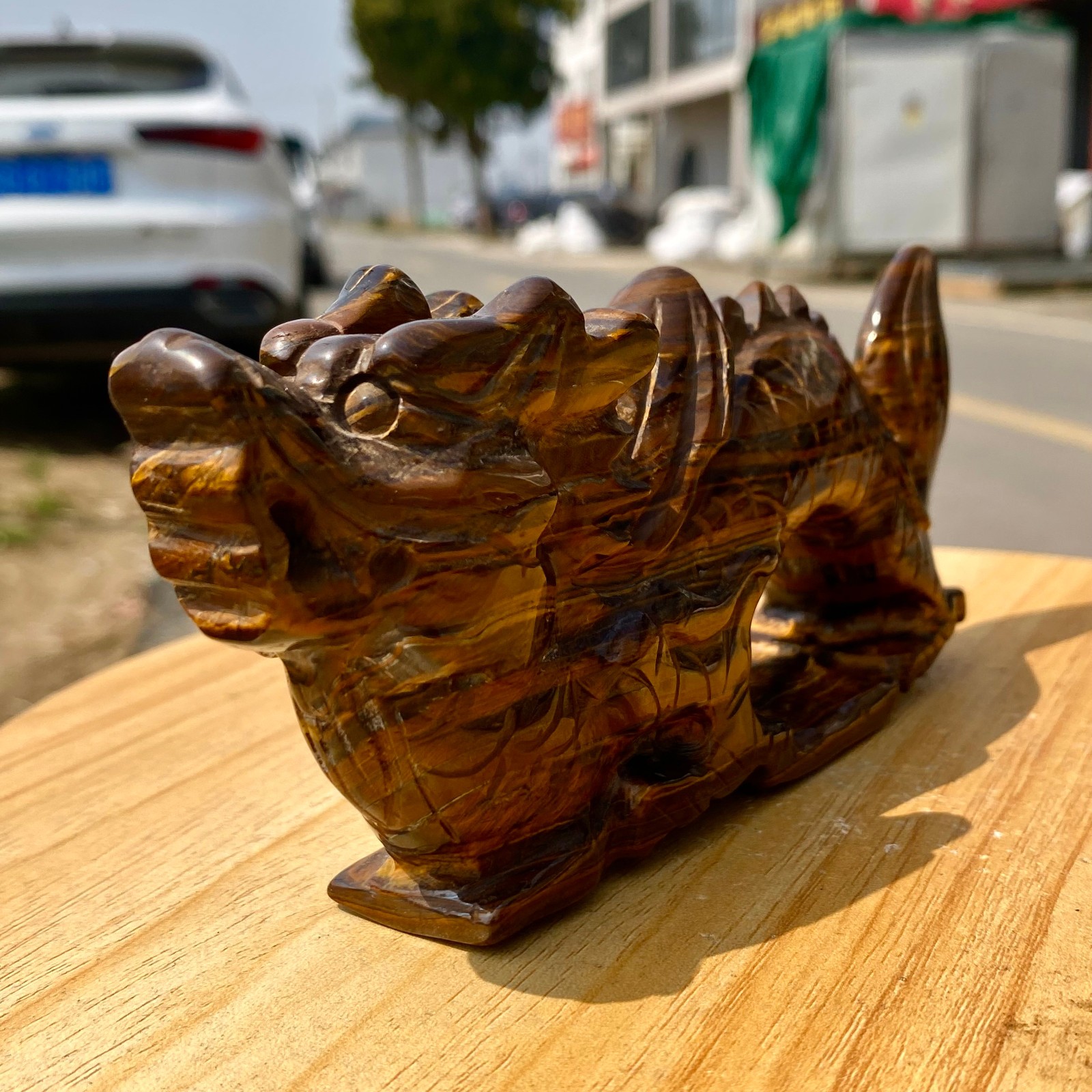 495G Natural Tiger Eye Hand Carved Dragon Figurine Crystal Healing Stone
