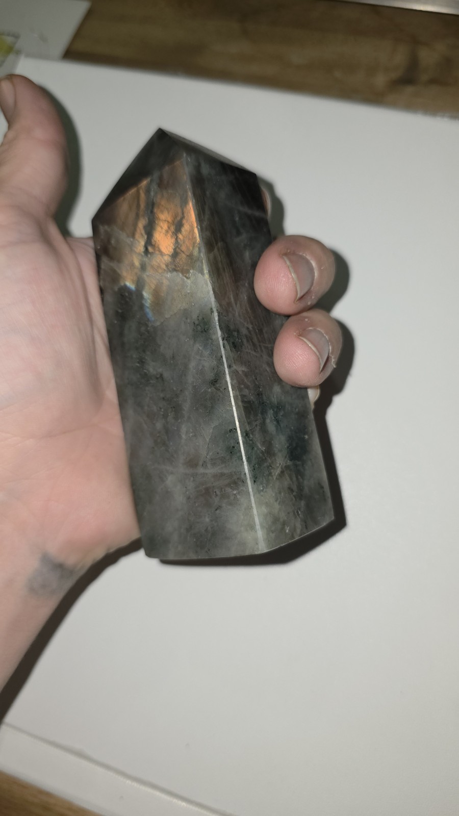 Labradorite Tower – Dark Body with Blue & Gold Fire (350g)
