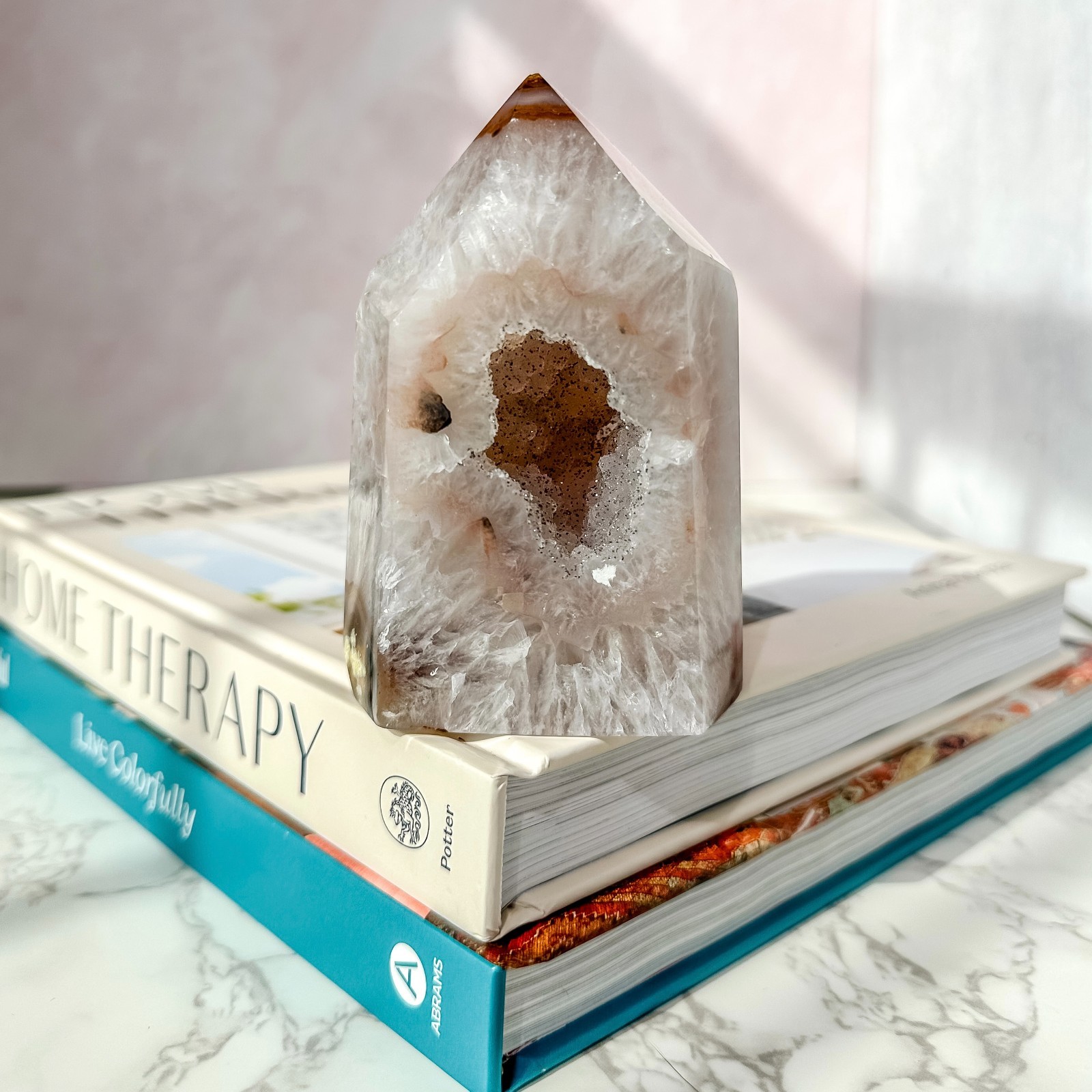 Agate Tower with Druzy Quartz Crystal ( 14.8 oz ) | Natural Gemstone Home Decor