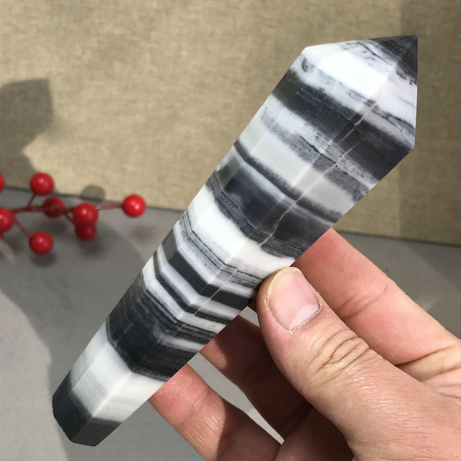 151mm Long Natural Taiji Stone stripe wand Obelisk Crystal specimens 255g A5779