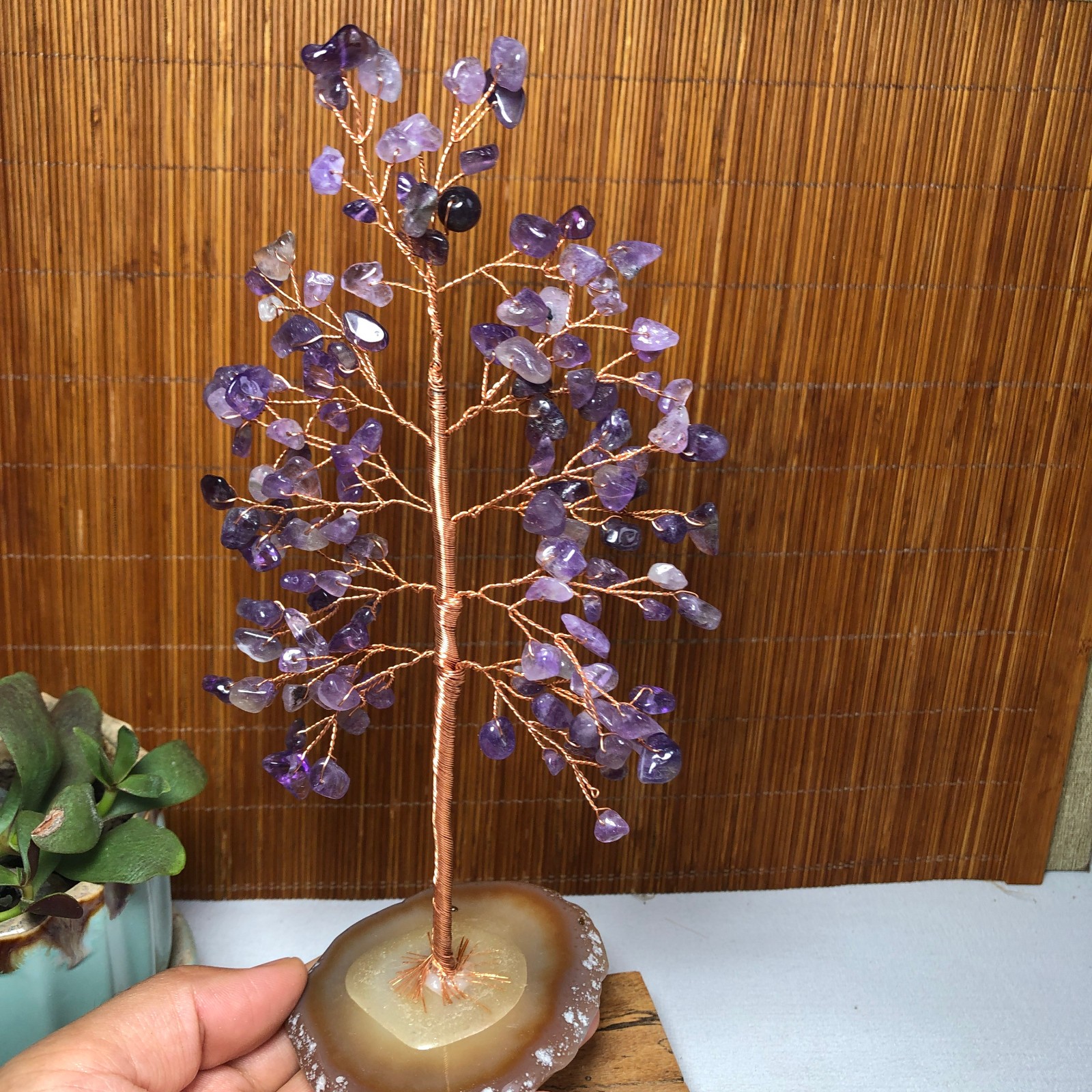 180mm Natural Wealth Tree purple crystal gravel agate slice base 105g A1260