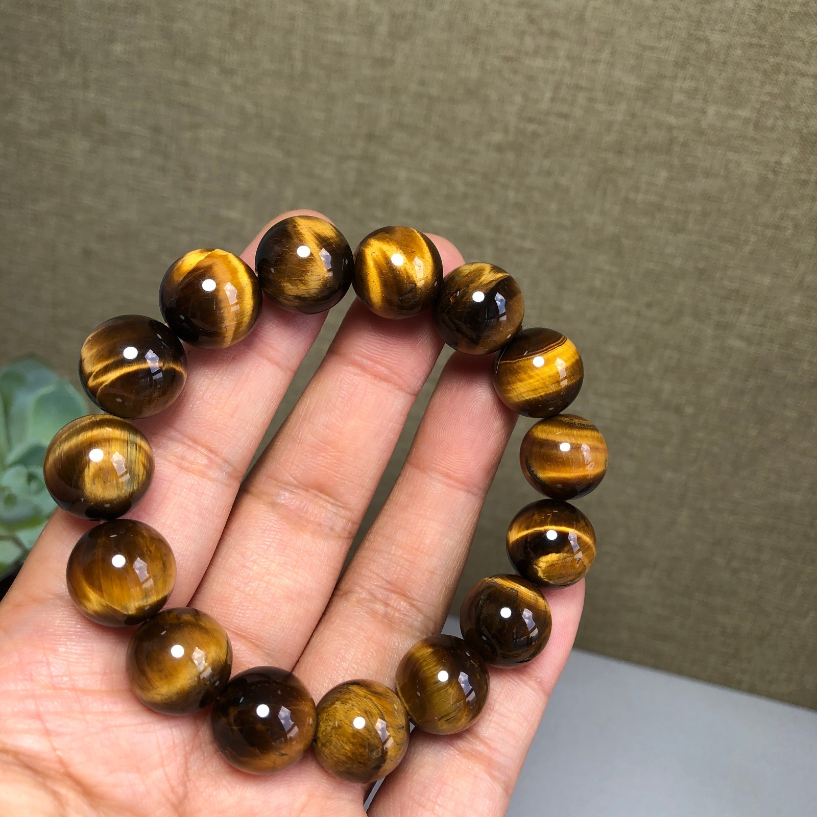 14mm Natural yellow tiger eye Crystal Quartz chain beads bracelet 58.3g g7637