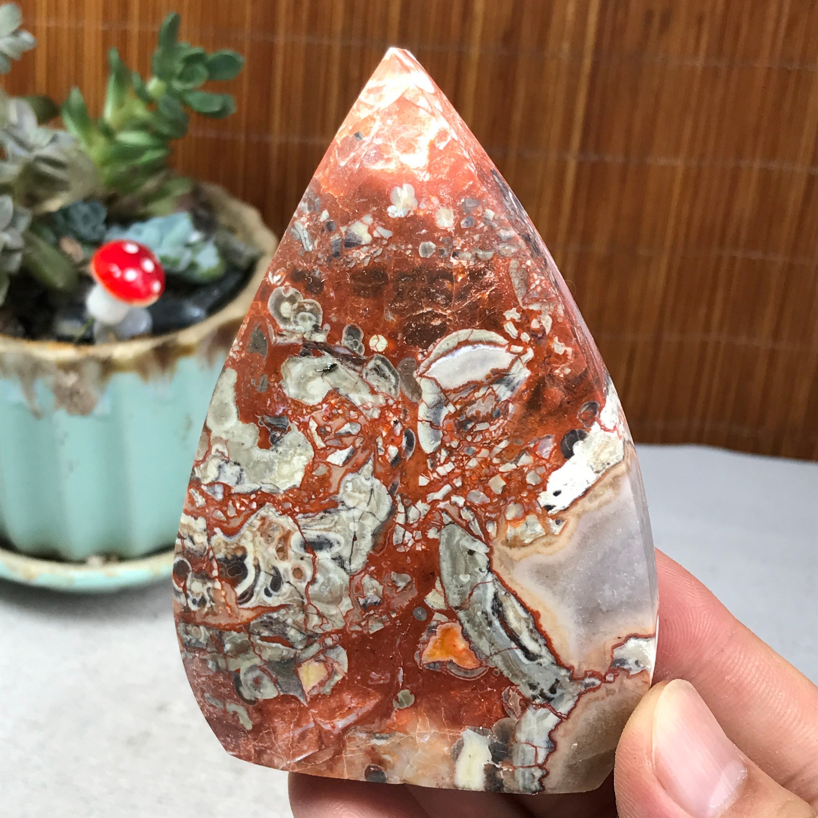 Natural money Mexico agate hand carve leaf Crystal Specimen free standing A6257