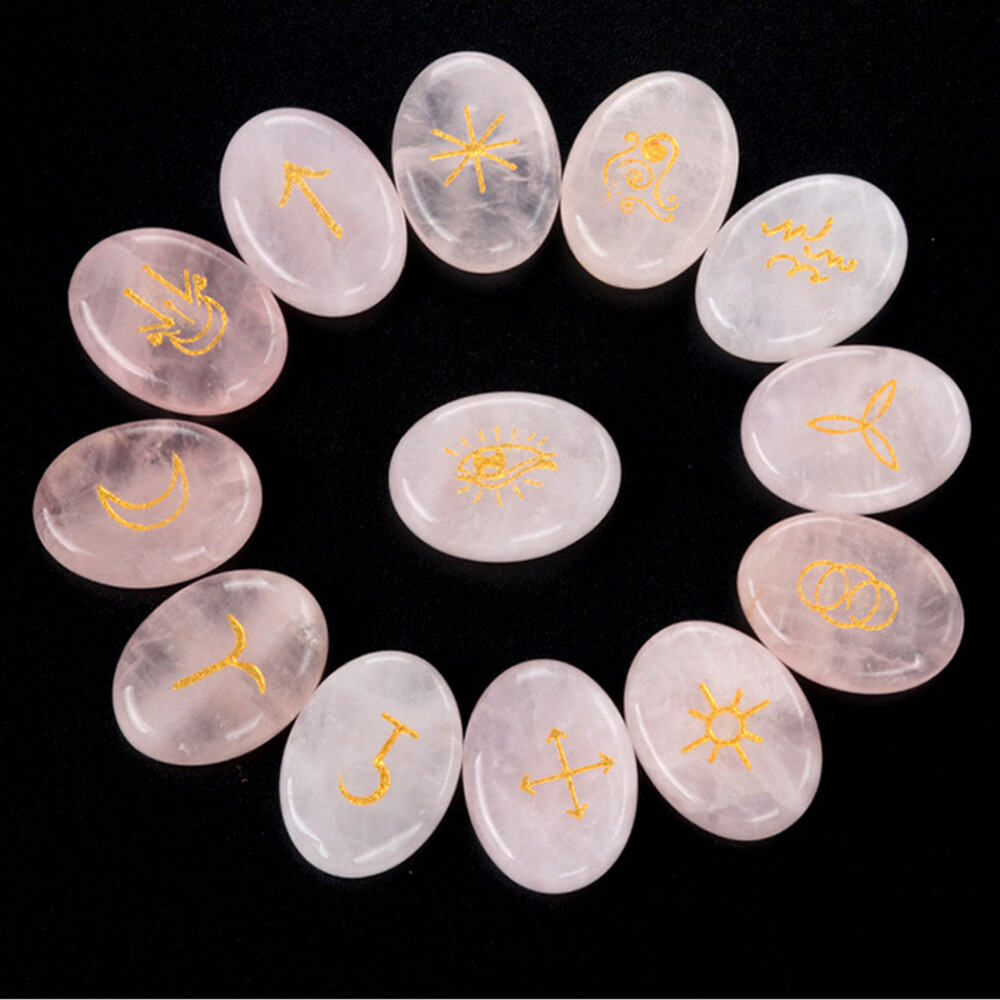 13PCS Crystal Witches Runes Stone Set Engraved Rune Symbol Meditation Divination