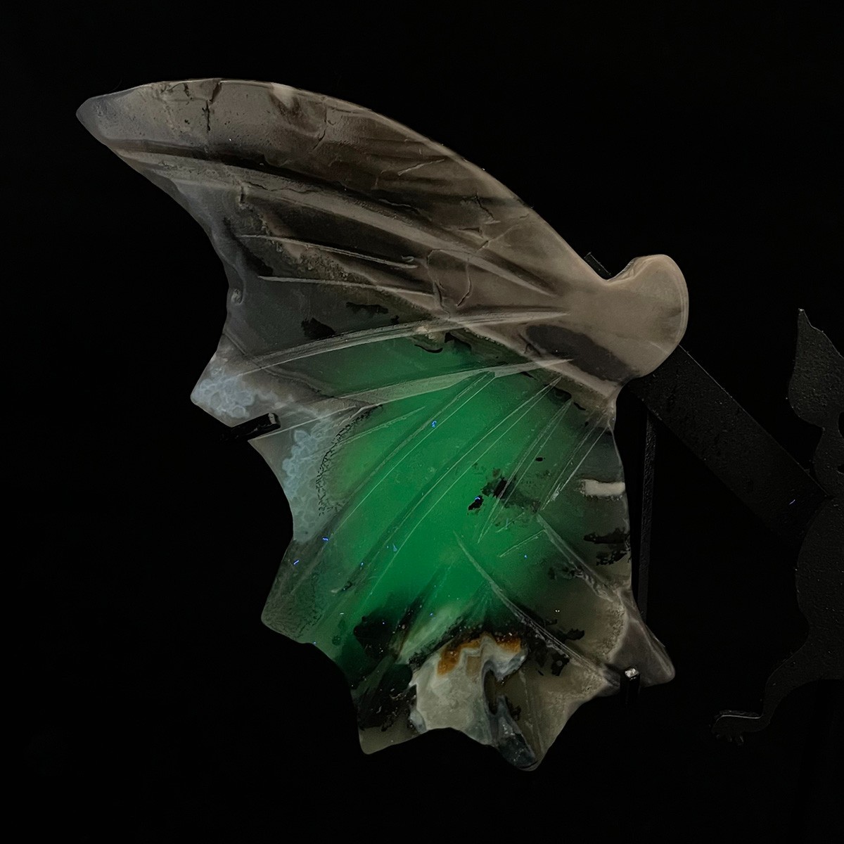 UV Reactive Volcanic Agate Bat Wings Statue Fluorescent Crystal Carving Gothic