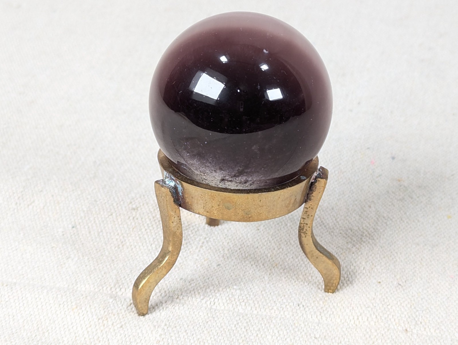 Vintage Purple Obsidian Glass Sphere on Three-Legged Brass Tripod Stand Decor