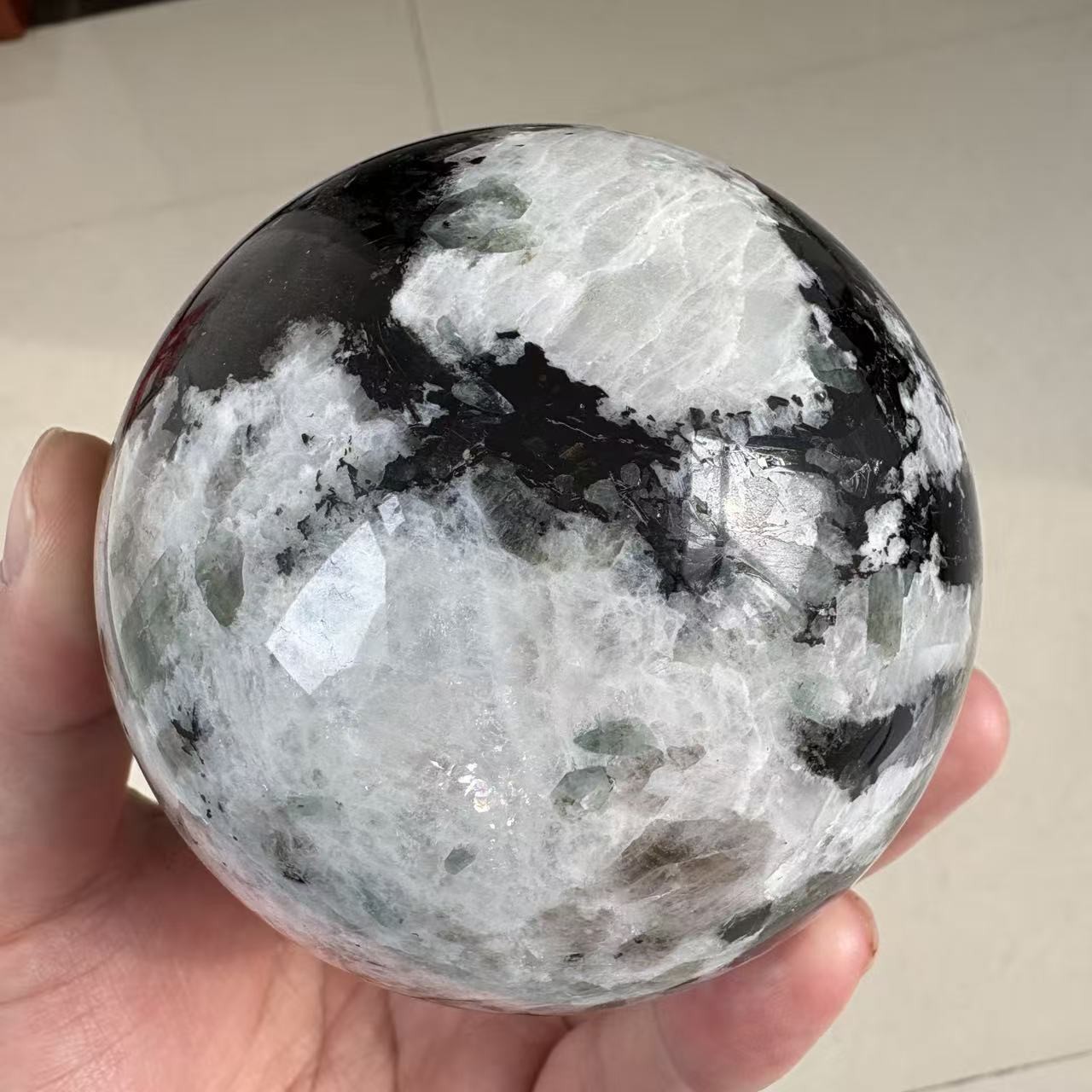2.2LB 3.5″ Natural Black And White Moonstone Sphere Crystal Ball Healing