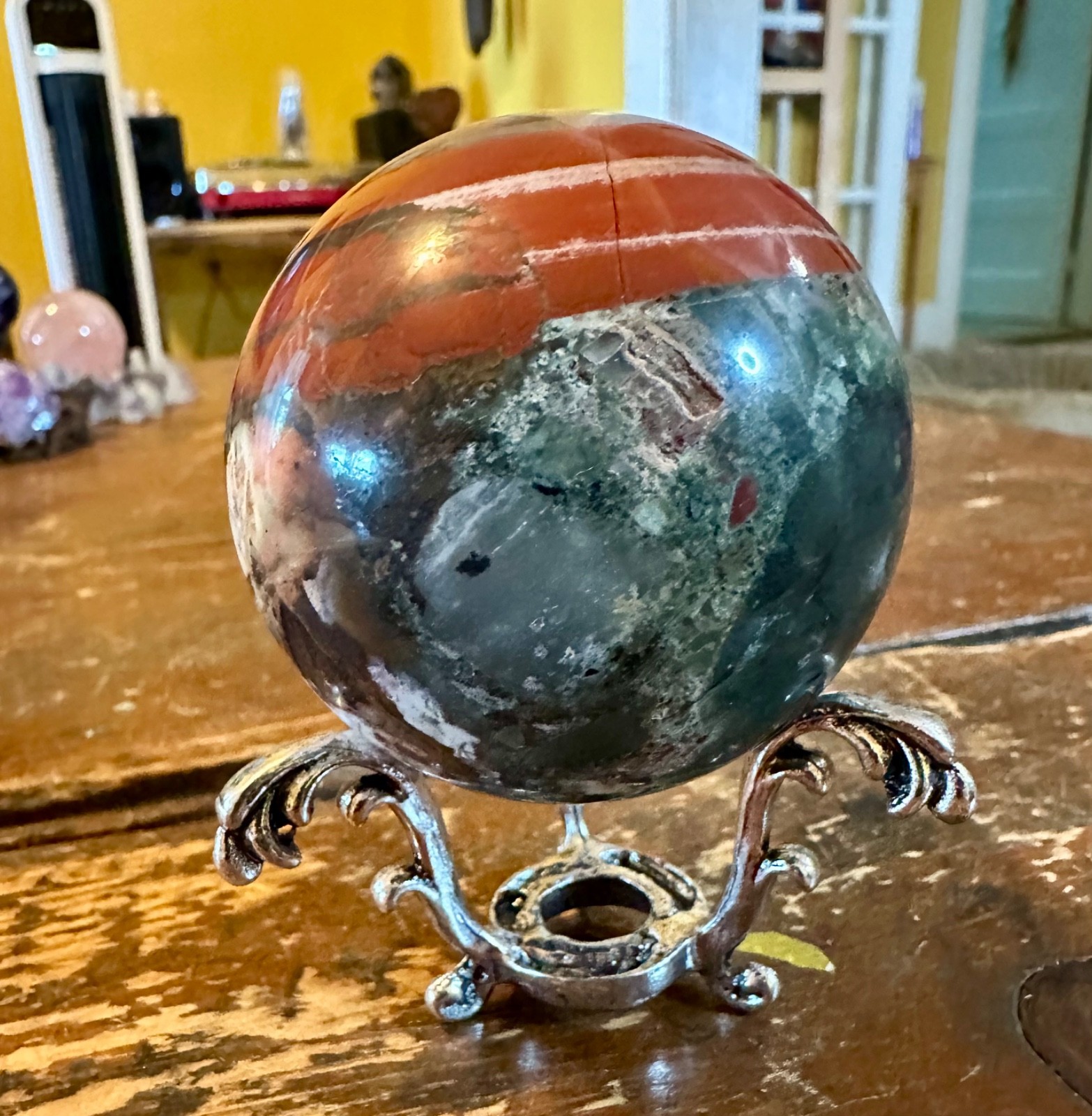 African bloodstone red/green crystal sphere with metal stand free shipping