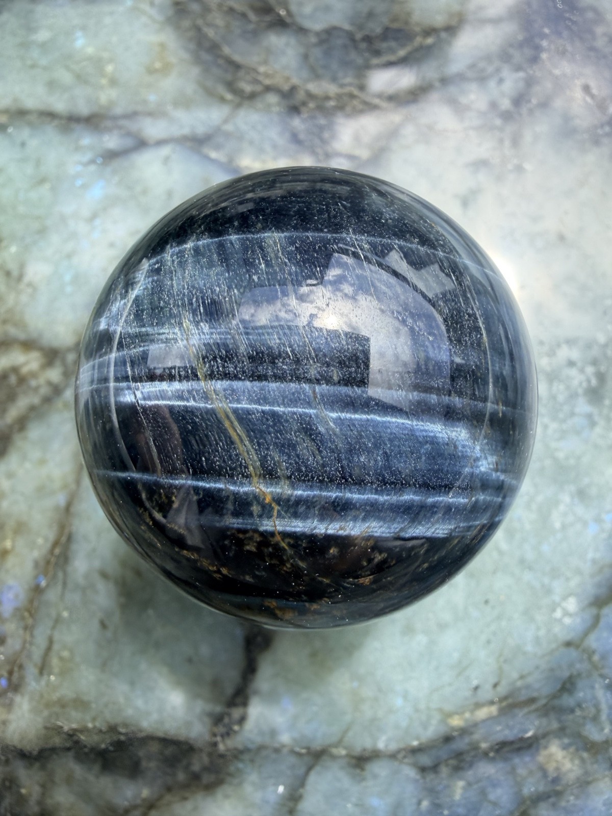 Blue Tiger’s Eye (Hawk’s Eye) Sphere | Intense Chatoyancy Cat’s Eye Effect |1.9″