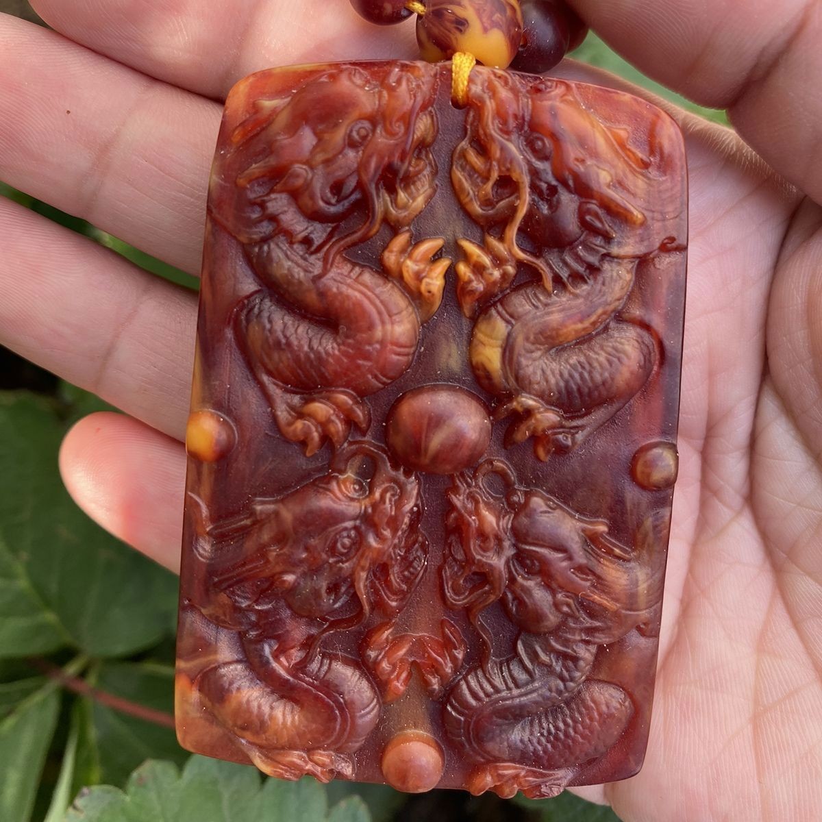 Artificial Wood Red Finish Forest Carved Dragon Pendant Style Chinese Amulet