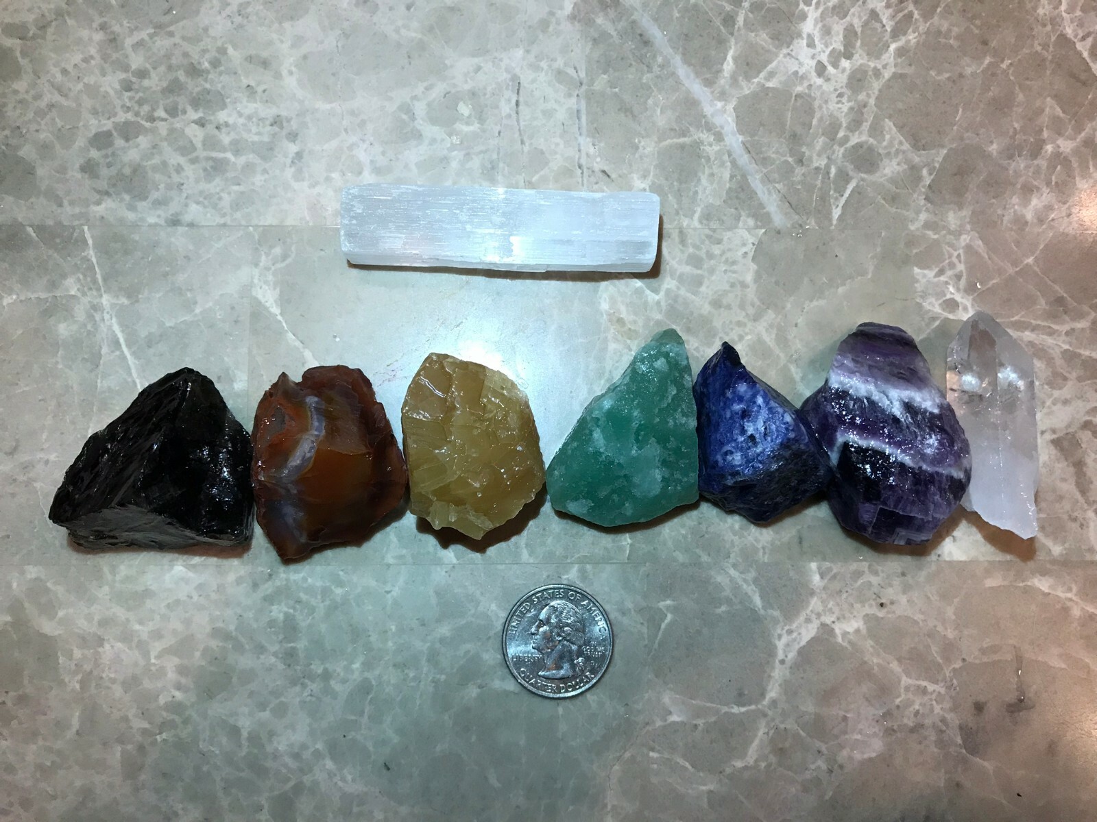 Large Chakra Stones Set: 7 Rough Crystals & Raw Selenite 3/4 Lb+ (CHARGED ROCKS)