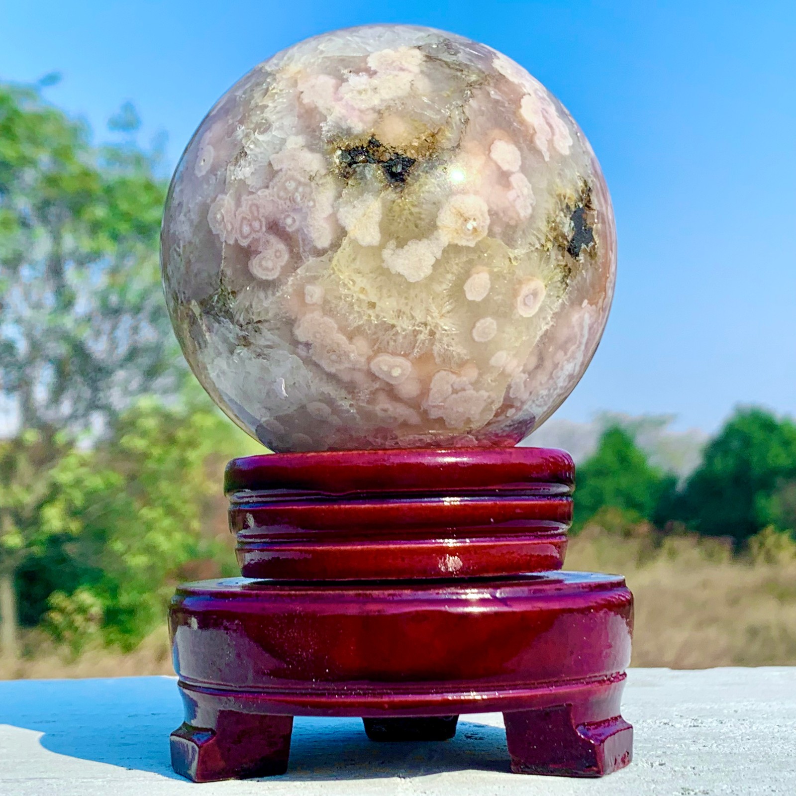1.92LB Natural Pink Cherry Blossom Agate Geode Quartz Sphere Crystal Energy Ball