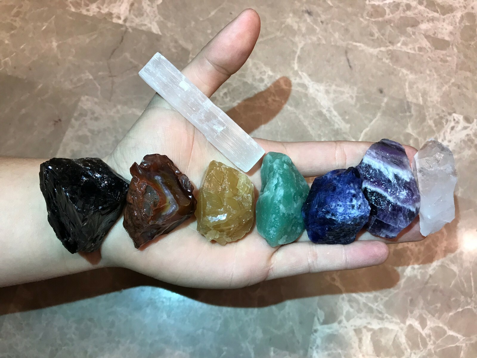 Large Chakra Stones Set: 7 Rough Crystals & Raw Selenite 3/4 Lb+ (CHARGED ROCKS)