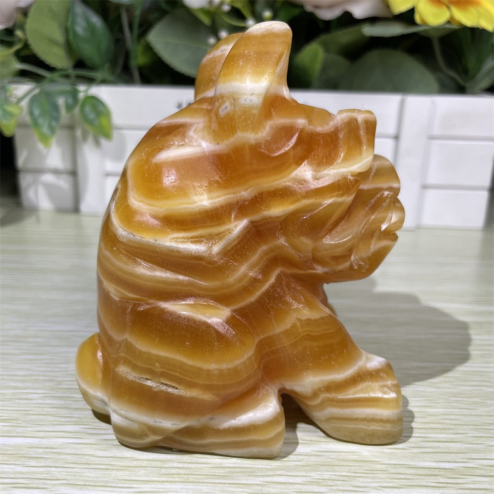 1.7LB 4.1″ Natural Yellow Calcite Dog Quartz Crystal Carving Reiki Home Gift