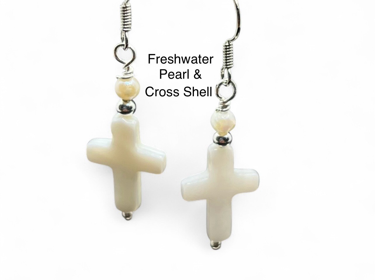 Genuine Cross Shaped Shell & Freshwater Pearl Handmade Earrings