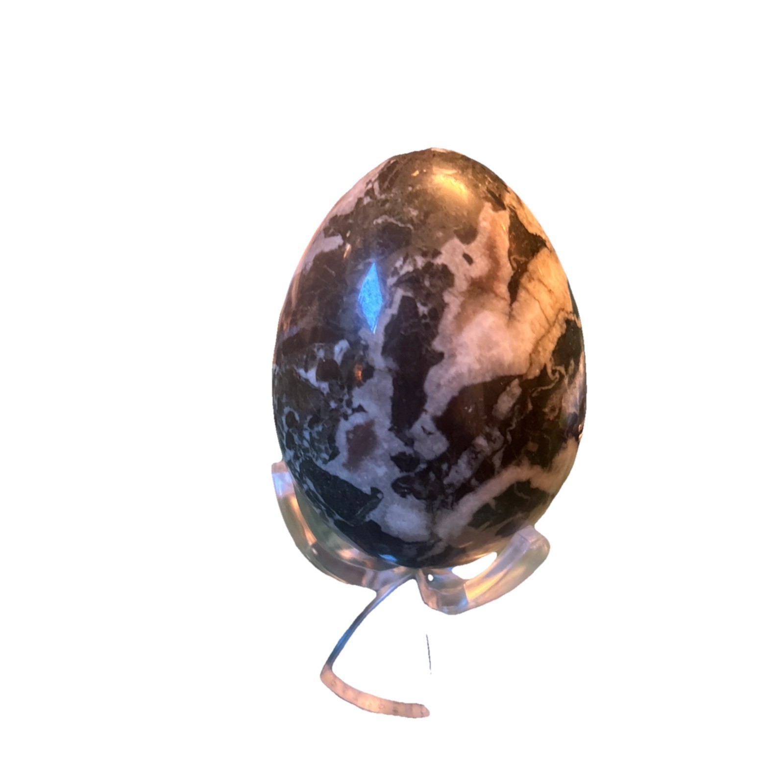 Egg Shaped Black, Gray and White Natural Marble Stone With Clear Stand