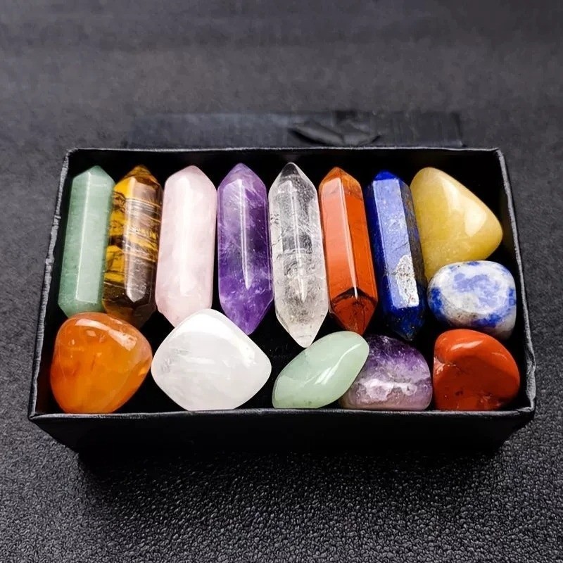 14PCS Natural 7 Chakra Crystal Points Set Healing Stones Reiki Yoga Gift Box