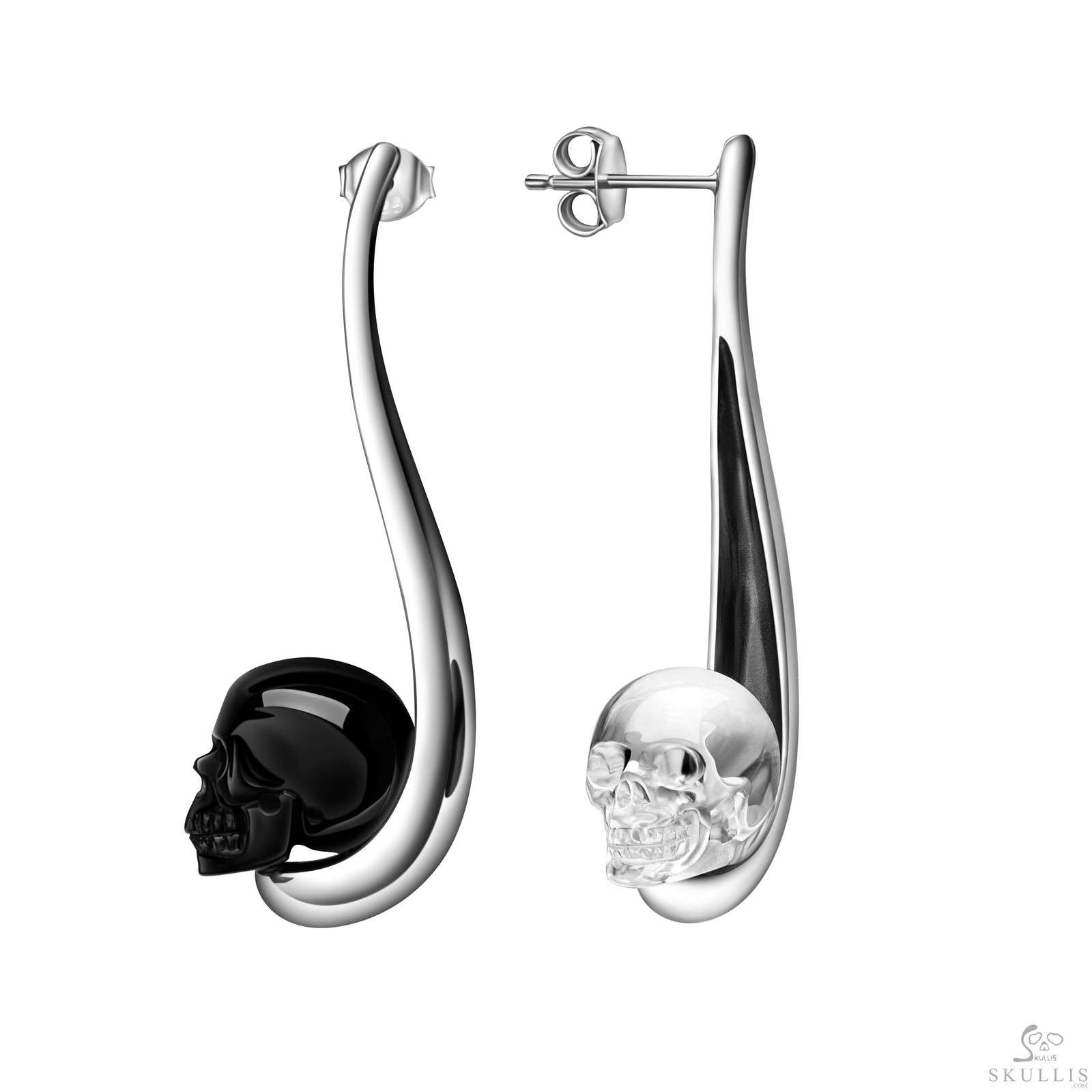 Black Obsidian & Quartz Rock Crystal & 925 Silver Carved Crystal Skull Earrings