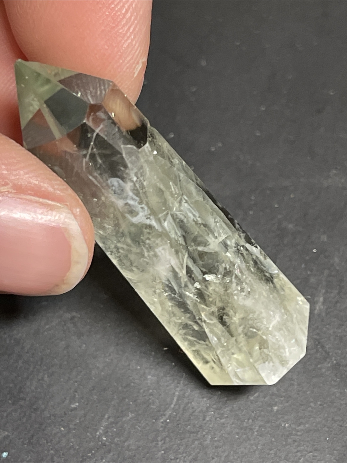 Prasiolite Green Amethyst Tower Point with Rainbows 1.58in Tall 9g